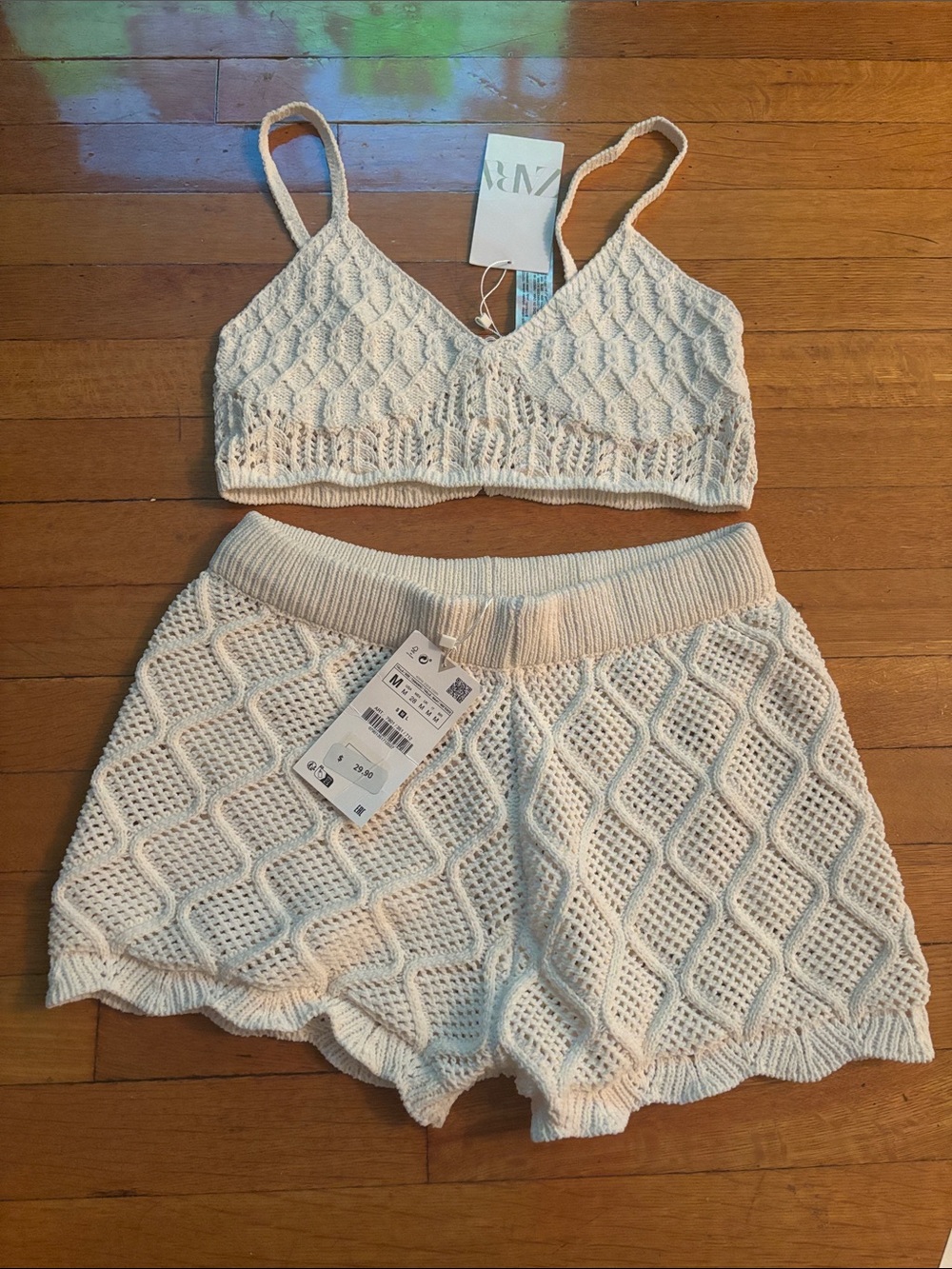 Zara Cream Knit Crochet Bralette & Shorts Set